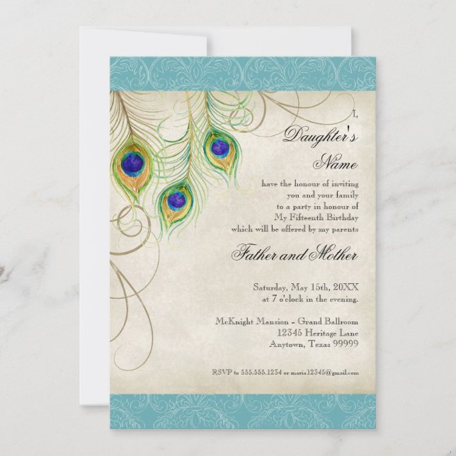 Peacock Feathers Aqua Damask Quinceanera Party Invitation (Front)