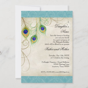 Peacock Feathers Aqua Damask Quinceanera Party Invitation