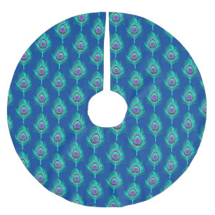 Peacock Feathers, Aqua on Deep Cobalt Blue Brushed Polyester Tree Skirt