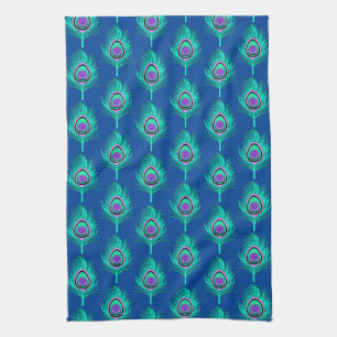 Peacock Feathers, Aqua on Deep Cobalt Blue Kitchen Towel