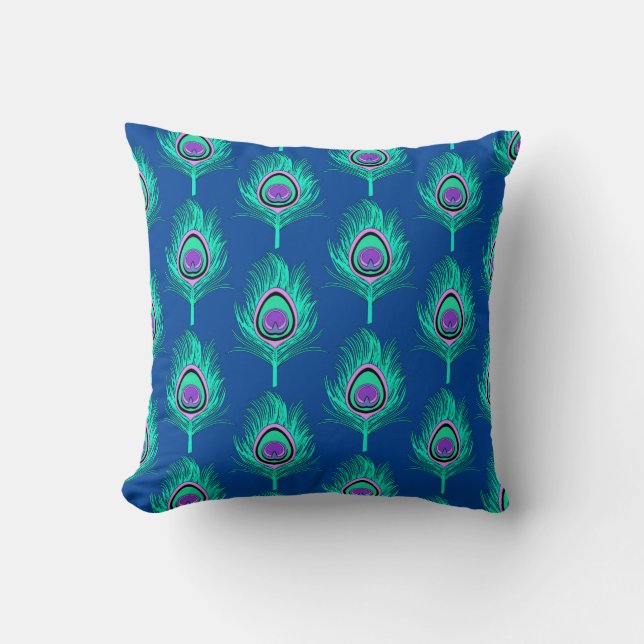 Peacock Feathers, Aqua on Deep Cobalt Blue Throw Pillow (Front)