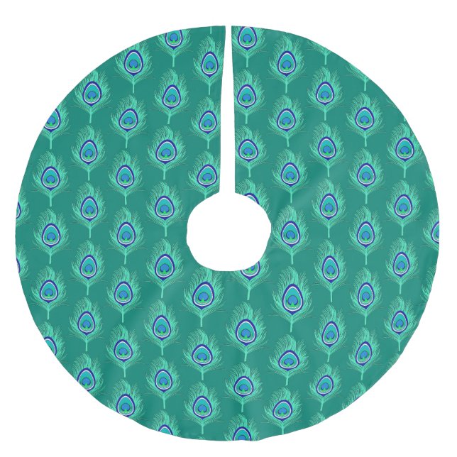 Peacock Feathers, Aqua on Turquoise / Peacock Brushed Polyester Tree Skirt (Front)
