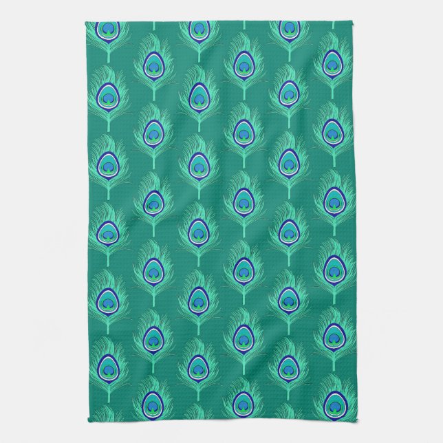 Peacock Feathers, Aqua on Turquoise / Peacock Kitchen Towel (Vertical)
