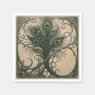 Peacock Feathers Art Nouveau Ornate Teal Frame Napkin