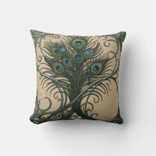 Peacock Feathers Art Nouveau Ornate Teal Frame Throw Pillow