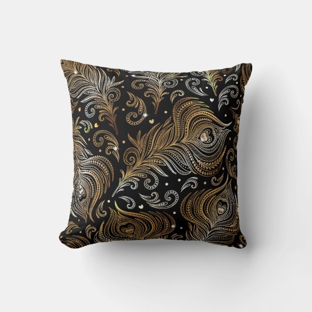 Peacock Feathers: Artistic Freehand Drawing. Throw Pillow (Front)