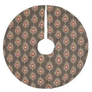 Peacock Feathers, Beige on Dark Chocolate Brown Brushed Polyester Tree Skirt