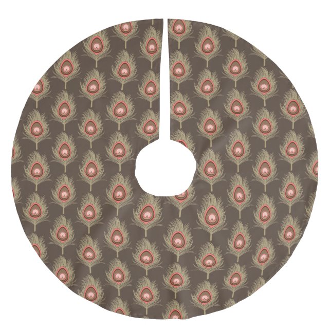 Peacock Feathers, Beige on Dark Chocolate Brown Brushed Polyester Tree Skirt (Front)