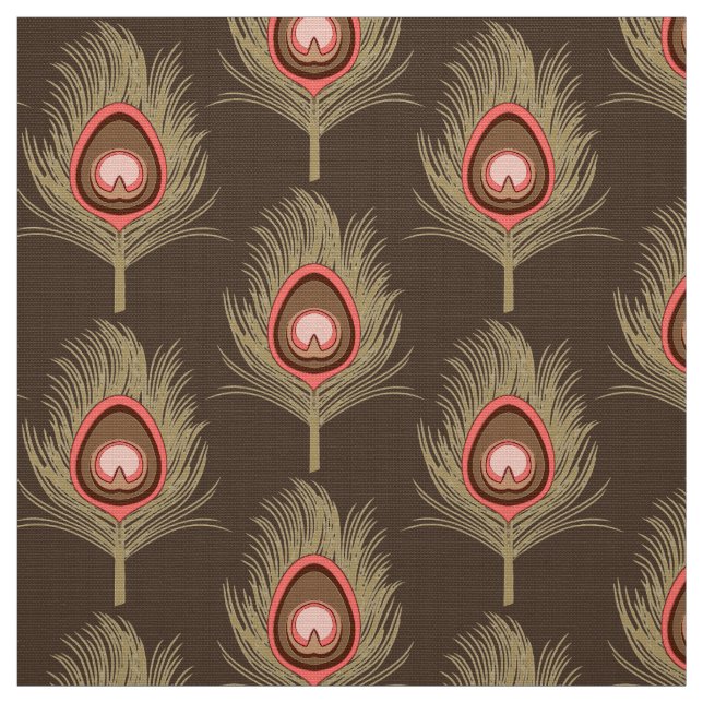 Peacock Feathers, Beige on Dark Chocolate Brown Fabric (Swatch)