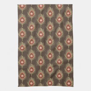 Peacock Feathers, Beige on Dark Chocolate Brown Kitchen Towel