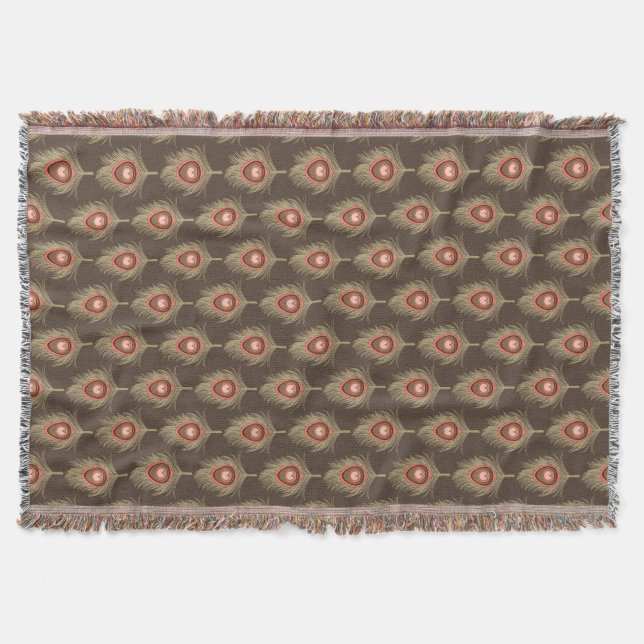 Peacock Feathers, Beige on Dark Chocolate Brown Throw Blanket (Front)