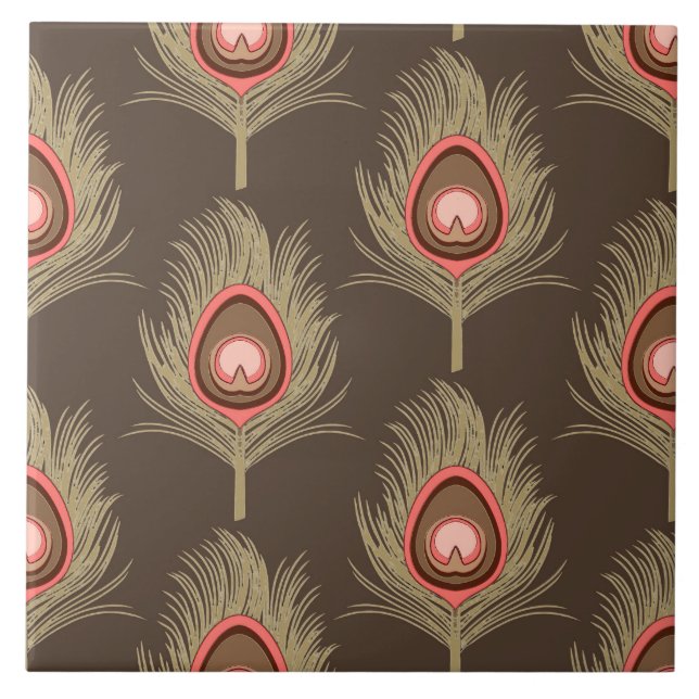 Peacock Feathers, Beige on Dark Chocolate Brown Tile (Front)