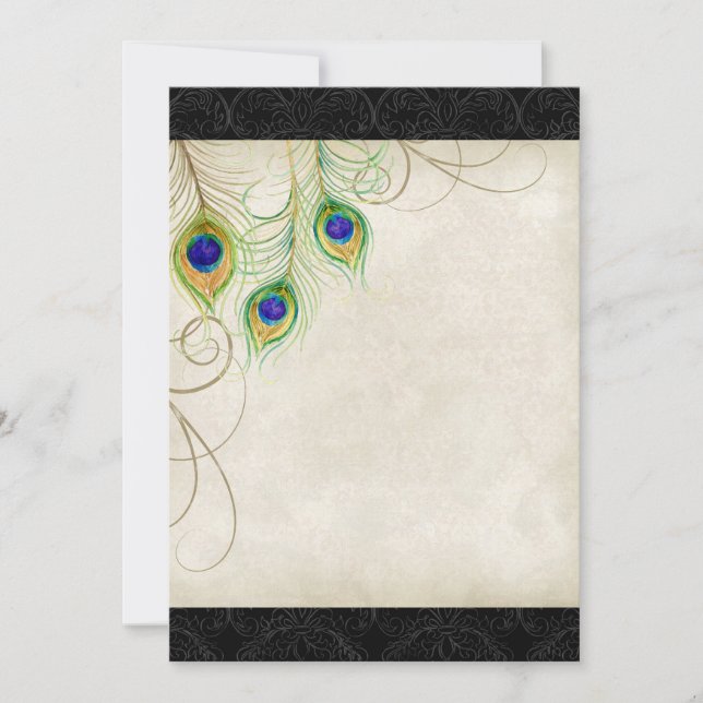 Peacock Feathers Black Damask Blank Design Invitation (Front)
