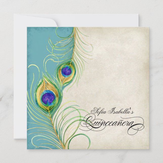Peacock Feathers Black Damask Quinceanera Party Invitation (Front)
