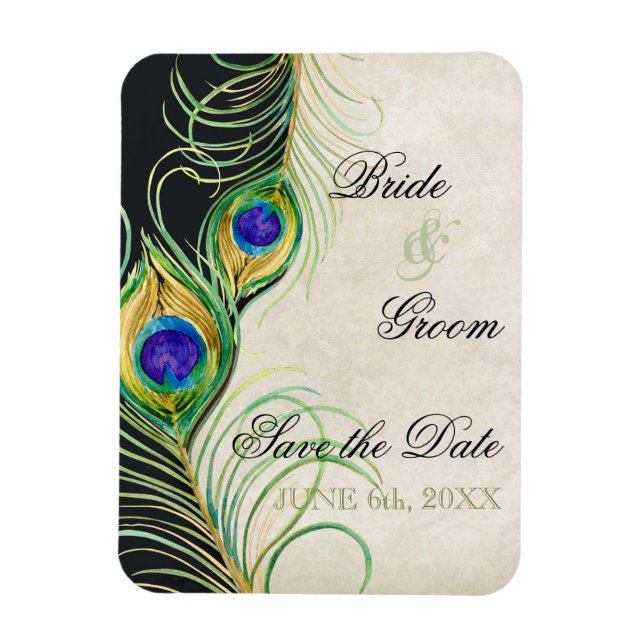 Peacock Feathers Black Damask Save the Date Magnet (Vertical)