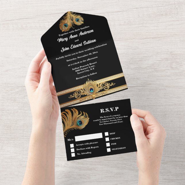Peacock feathers black gold elegant wedding all in one invitation (Tearaway)