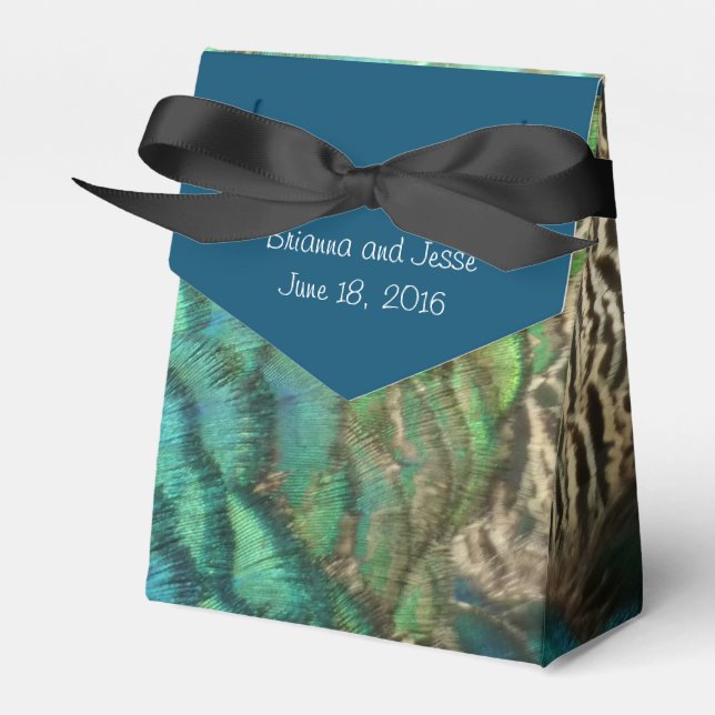 Peacock Feathers Blue and Green Personalized Favor Box (Front Side)