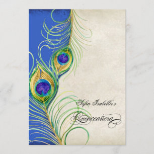 Peacock Feathers Blue Damask Quinceanera Party Invitation