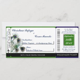 Peacock Feathers Boarding Pass Wedding Invitation