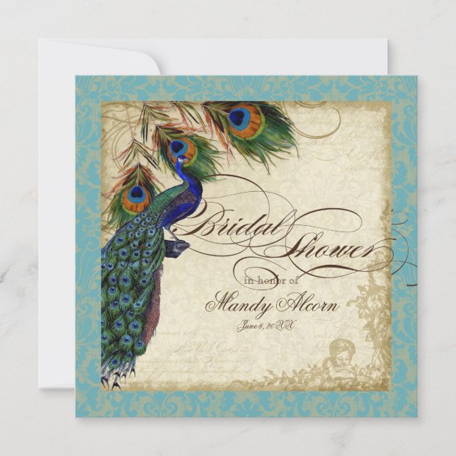 Peacock & Feathers Bridal Shower Invite Aqua Blue (Front)