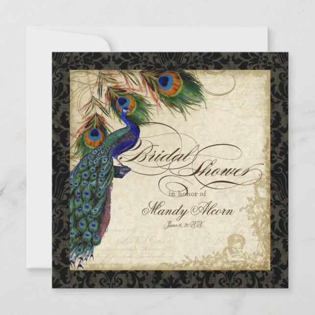 Peacock & Feathers Bridal Shower Invite  Black Tan (Front)