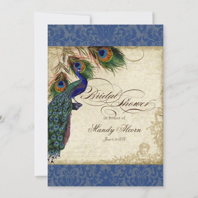 Peacock & Feathers Bridal Shower Invite Navy Blue (Front)
