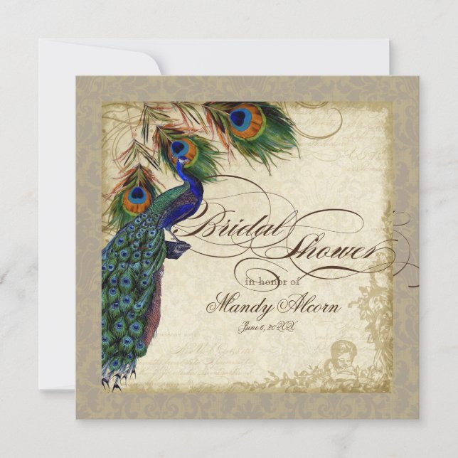 Peacock & Feathers Bridal Shower Invite Taupe (Front)