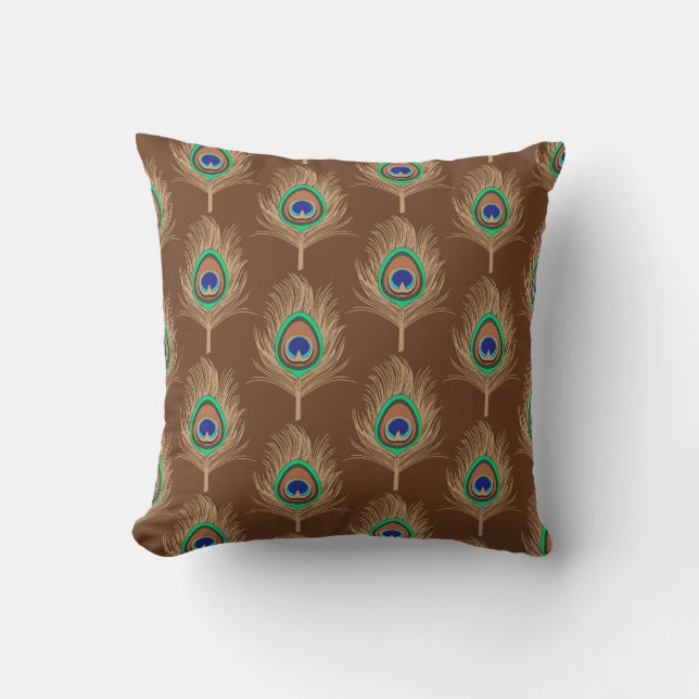 Peacock Feathers, Camel Tan on Chocolate Brown Throw Pillow (Front)