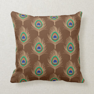 Peacock Feathers, Camel Tan on Chocolate Brown Throw Pillow