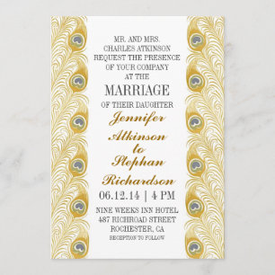 peacock feathers classic white wedding invitations