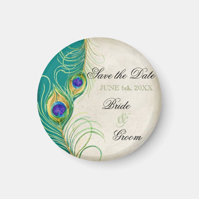 Peacock Feathers Damask Save the Date Magnet (Front)