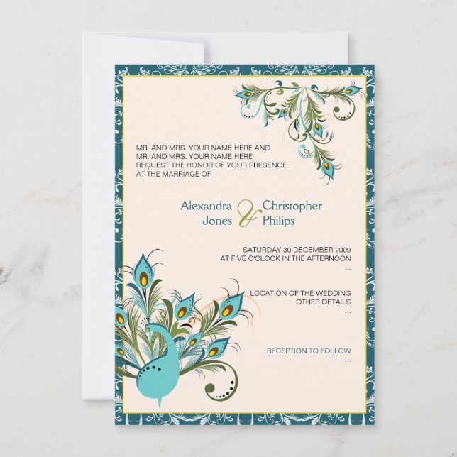 Peacock Feathers Damask Wedding 2 Invitation (Front)