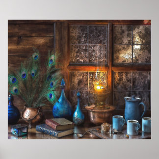Peacock Feathers Drinkware Kerosene Lampe Poster