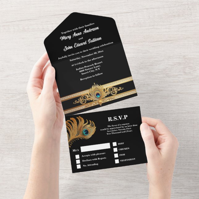 Peacock feathers elegant black gold minimalist  all in one invitation (Tearaway)