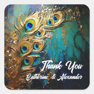 Peacock feathers elegant luxury teal emerald square sticker