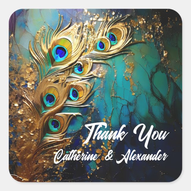 Peacock feathers elegant luxury teal emerald square sticker (Front)