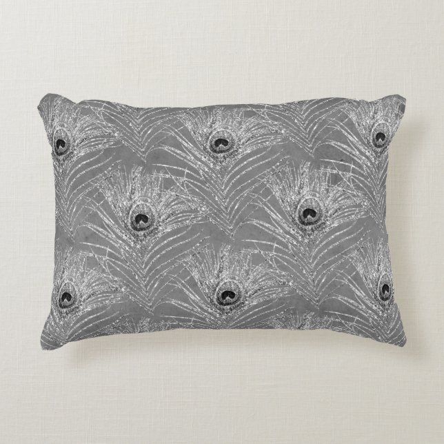 Peacock feathers elegant silver grey pattern accent pillow (Front)