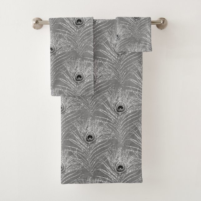 Peacock feathers elegant silver grey pattern bath towel set (Insitu)