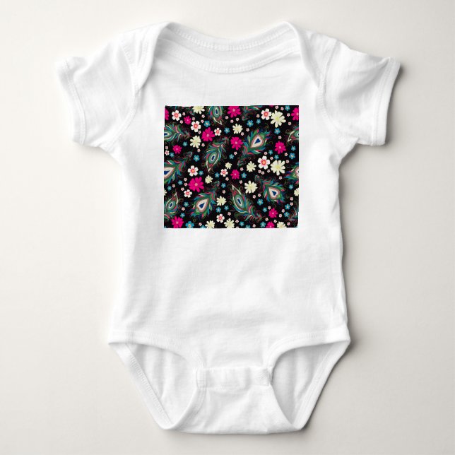 Peacock Feathers Embroidery Seamless Pattern Baby Bodysuit (Front)