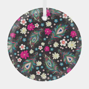 Peacock Feathers Embroidery Seamless Pattern Glass Ornament