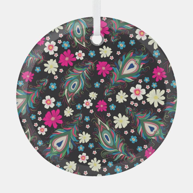 Peacock Feathers Embroidery Seamless Pattern Glass Ornament (Front)
