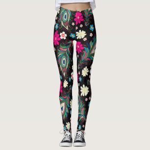 Peacock Feathers Embroidery Seamless Pattern Leggings