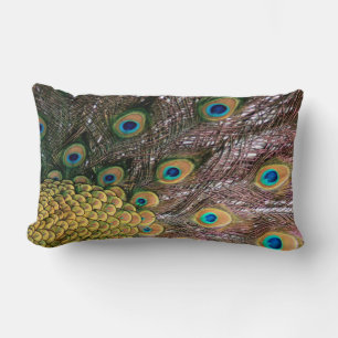 Peacock Feathers Emerald Green and Gold Lumbar Pillow