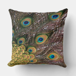 Peacock Feathers Emerald Green and Gold Throw Pillow