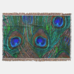 Peacock Feathers Etching Style Throw Blanket
