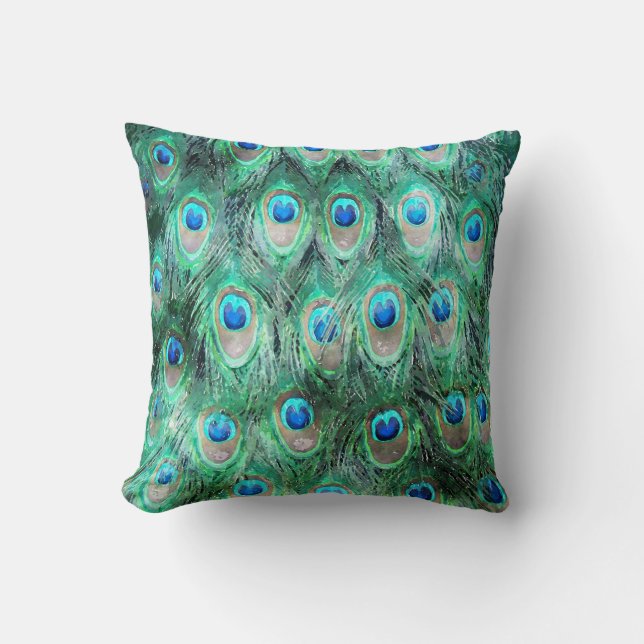 Peacock Feathers Exotic Wild Watercolor Pattern Throw Pillow (Front)