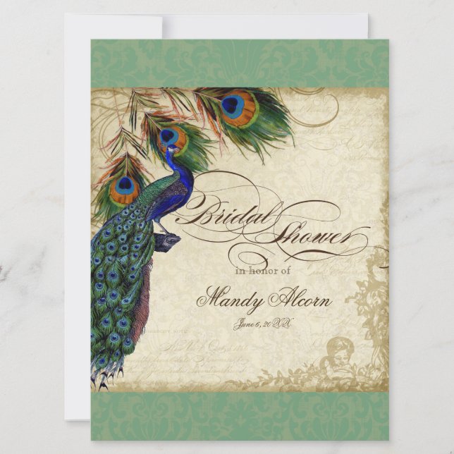 Peacock & Feathers Fête des mariées Invitation ver (Devant)