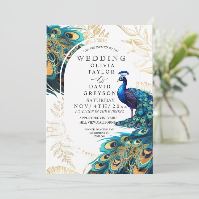  Peacock Feathers Flora Wedding  Invitation (Standing Front)