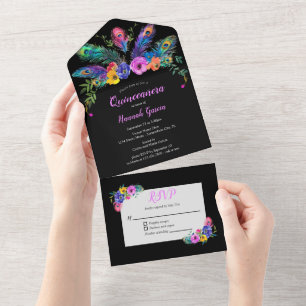 Peacock Feathers & Flowers Black Quinceañera All In One Invitation