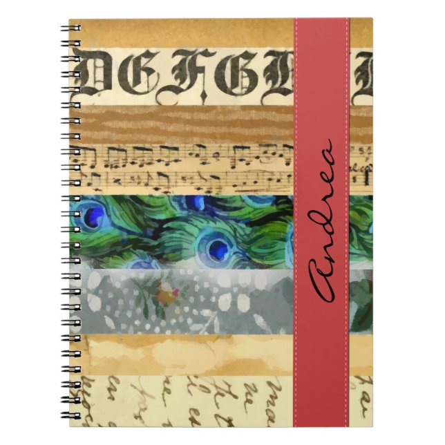 Peacock Feathers, Flowers, Leaves, Your Name Notebook (Front)